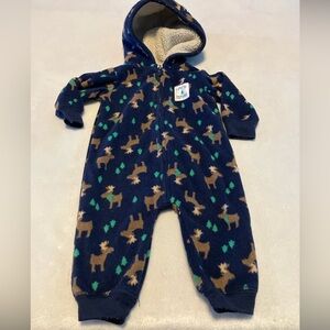 Navy Blue Hooded Baby Onesie with Moose Print